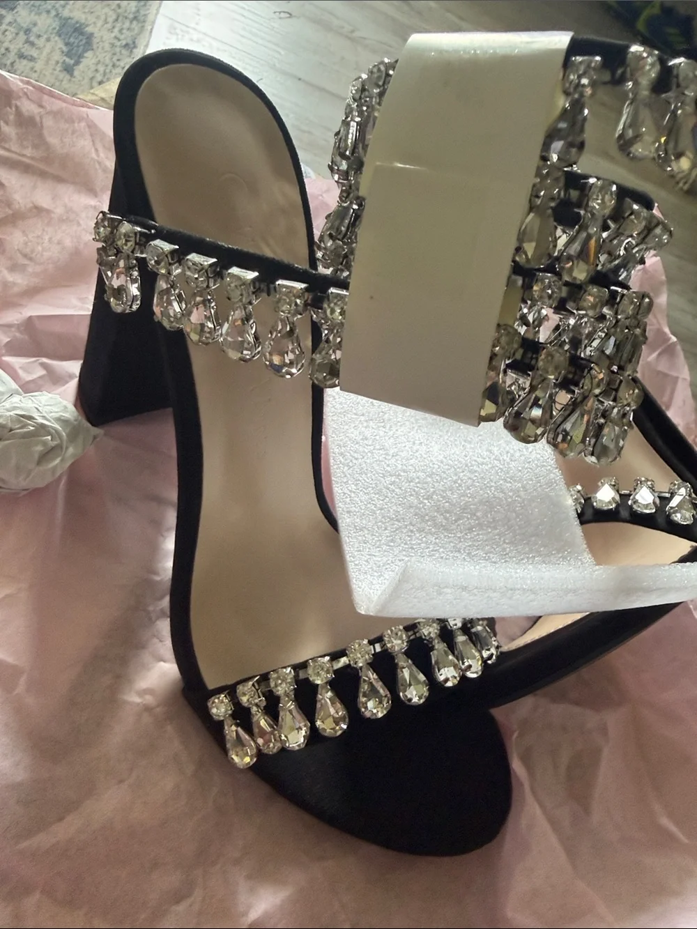 Wild Diva Black Crystal Teardrop Strap Heels